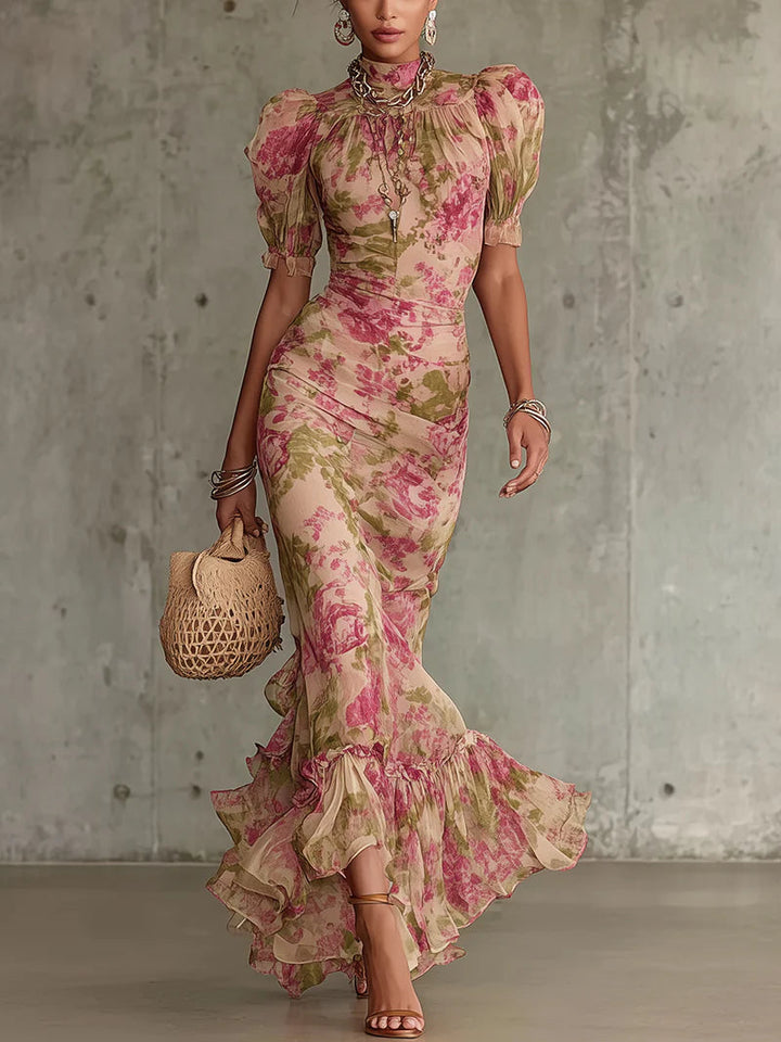 Rosa | Vintage Rose Print Maxi Dress With Puff Sleeves