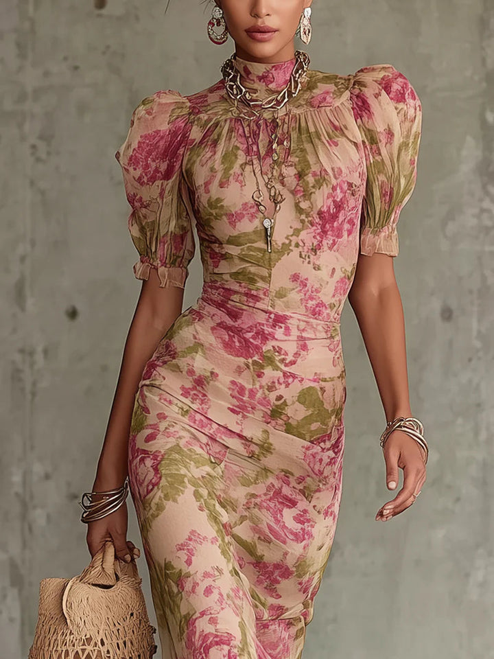 Rosa | Vintage Rose Print Maxi Dress With Puff Sleeves