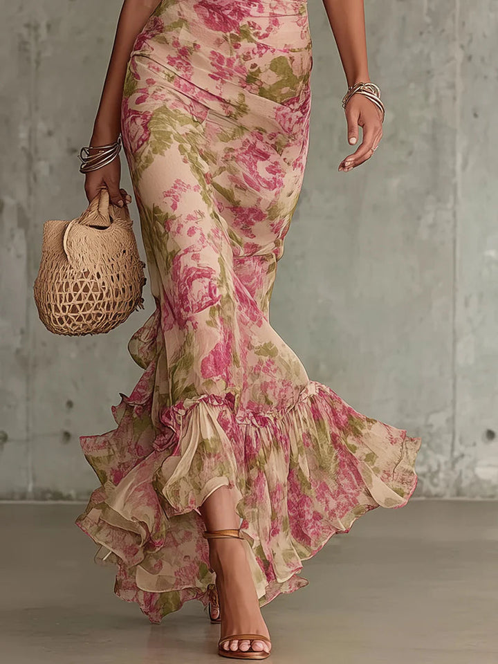 Rosa | Vintage Rose Print Maxi Dress With Puff Sleeves