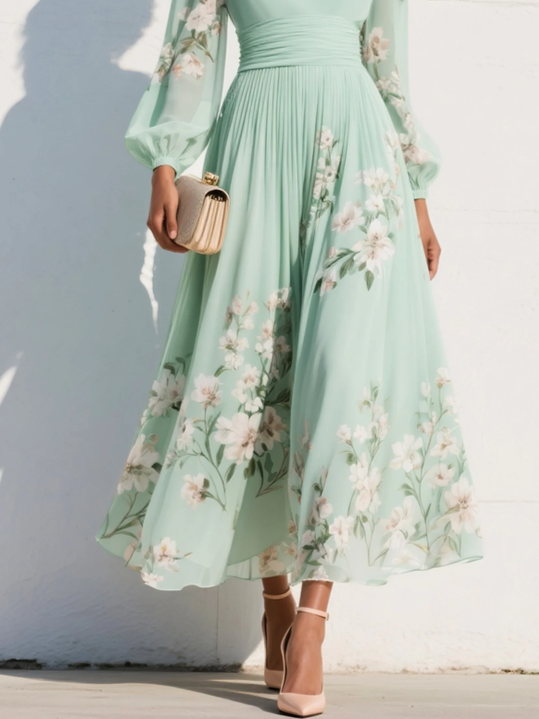 Lily | Light Green V-Neck Chiffon Pleated Floral Midi Dress