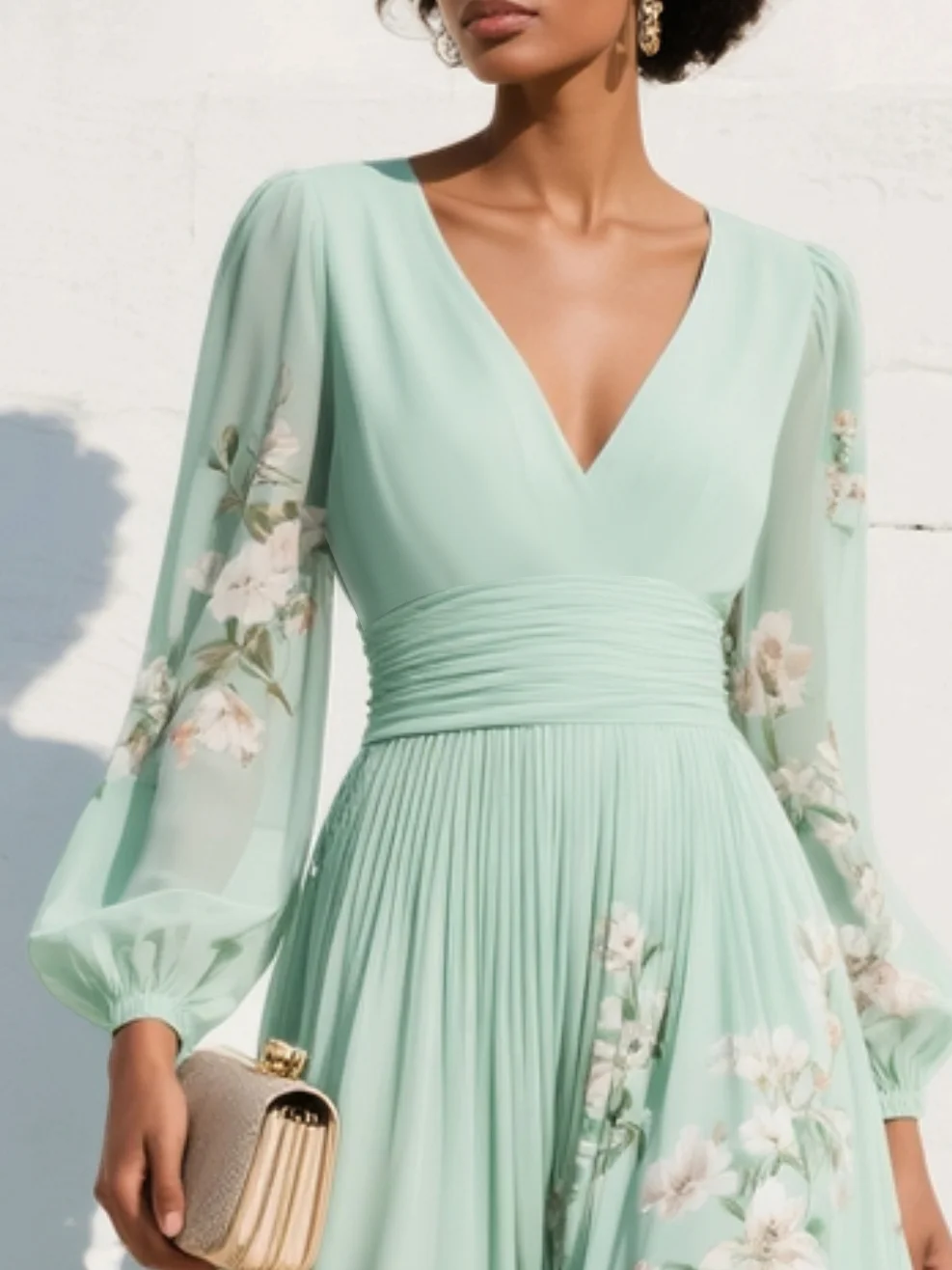 Lily | Light Green V-Neck Chiffon Pleated Floral Midi Dress