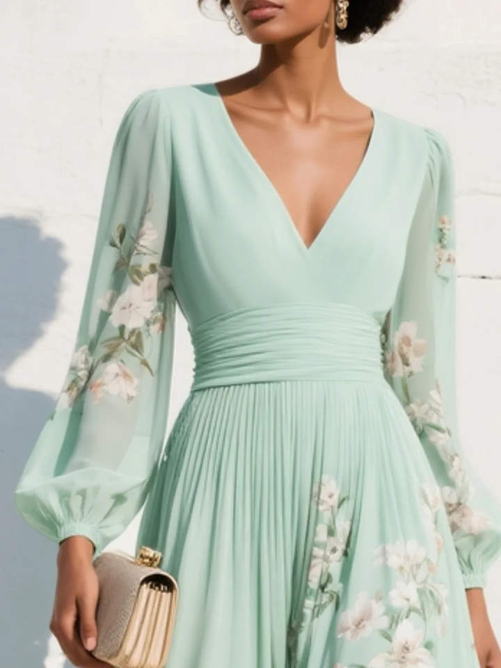 Lily | Light Green V-Neck Chiffon Pleated Floral Midi Dress