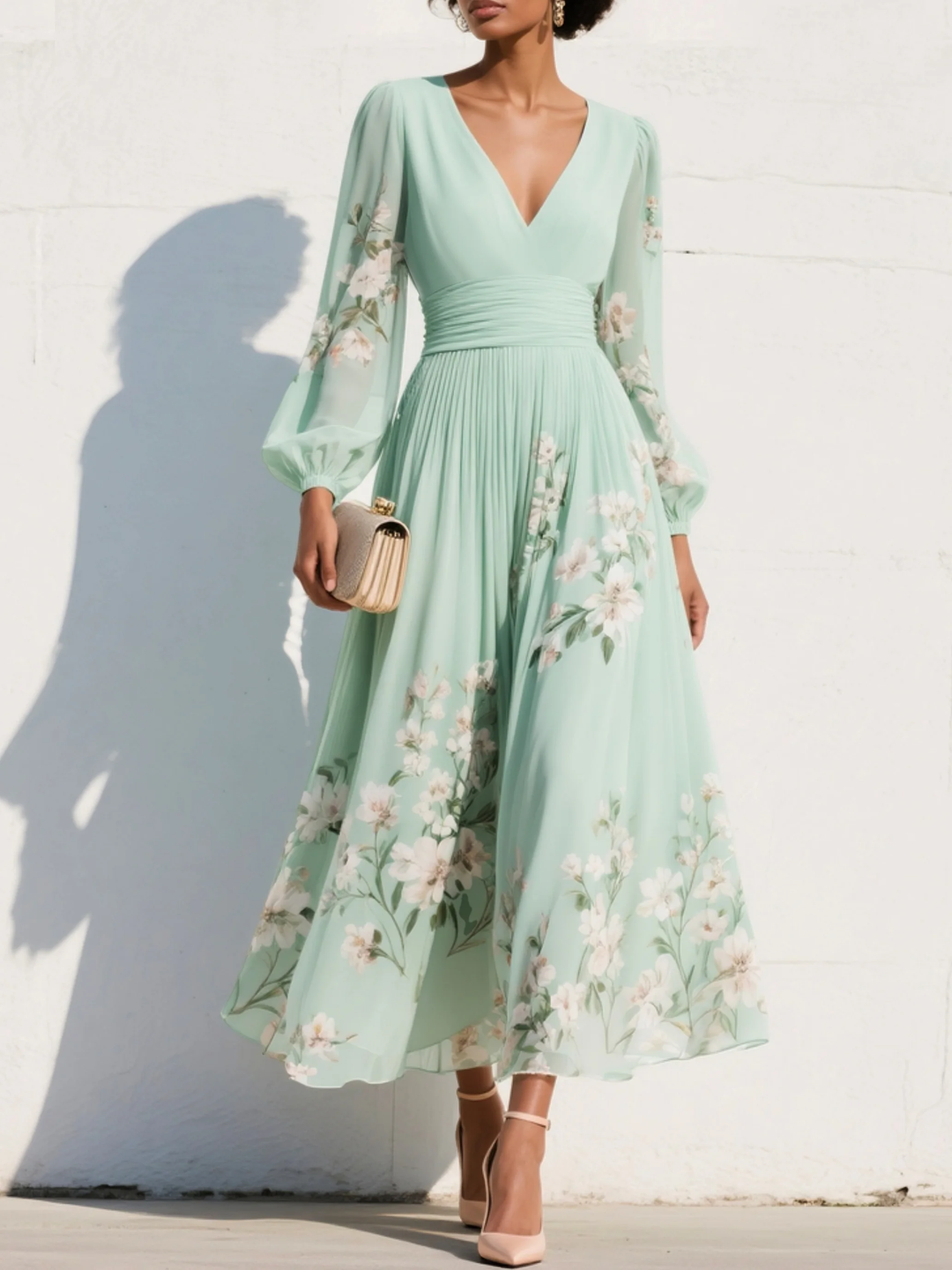 Lily | Light Green V-Neck Chiffon Pleated Floral Midi Dress