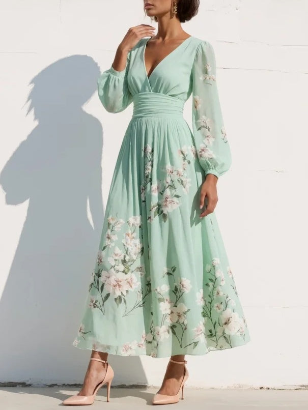 Lily | Light Green V-Neck Chiffon Pleated Floral Midi Dress