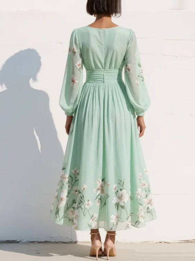Lily | Light Green V-Neck Chiffon Pleated Floral Midi Dress